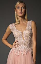 Embellished deep V lace bodice gown