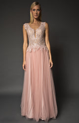 Embellished deep V lace bodice gown