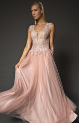 Embellished deep V lace bodice gown