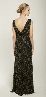 Black floral metallic bead embellished gown