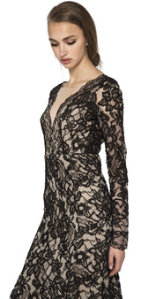 Black lace embellished long sleeve gown