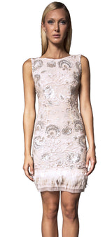 Fitted leather sequin feather trim cocktail dress