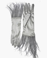 Ostrich Feather Silver Satin Gloves