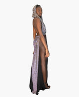 Hand finished crystal backless hooded sheer side panel gown