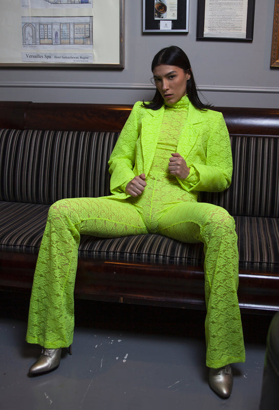 neon green yellow lace suit narces
