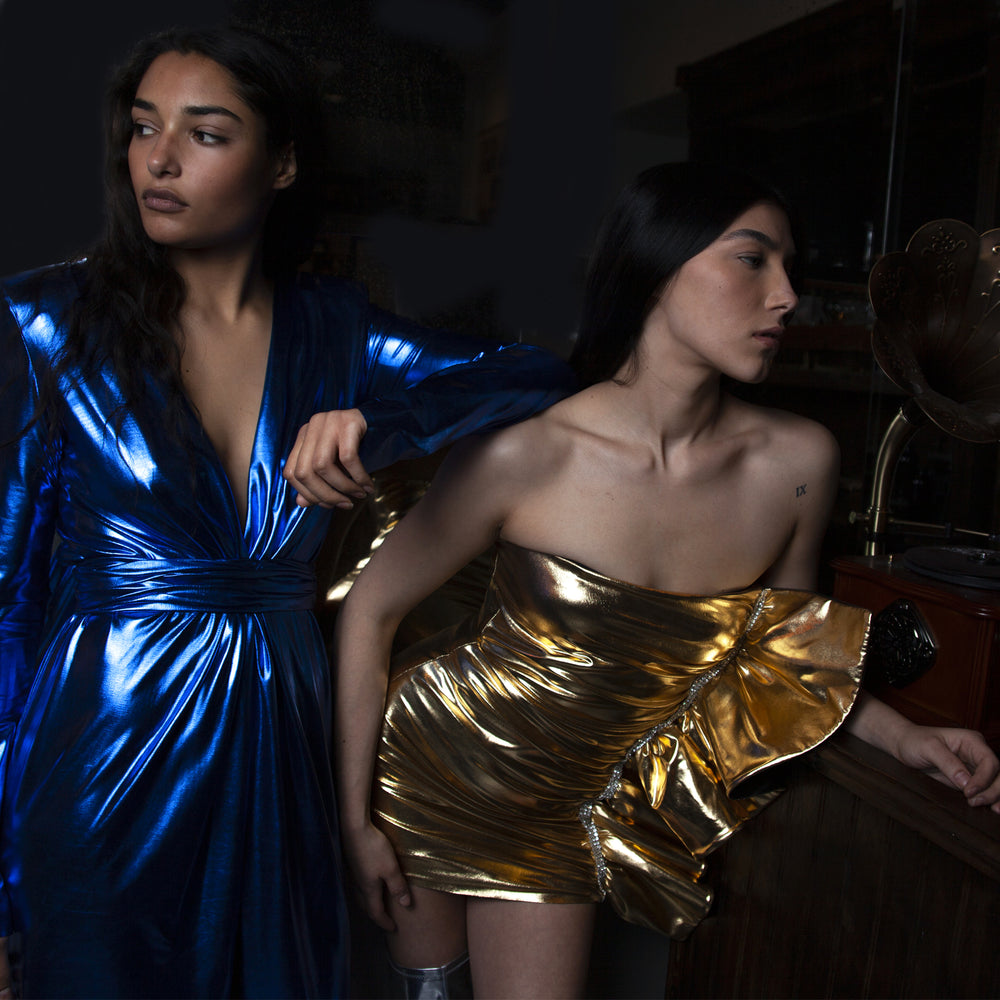 blue gold metallic vegan leather narces dress