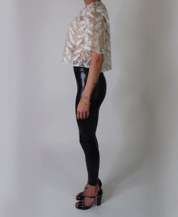 3D Faux Feather Sheer Tulle Top with Vintage Gold Embroidery