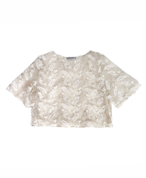 3D Faux Feather Sheer Tulle Top with Vintage Gold Embroidery