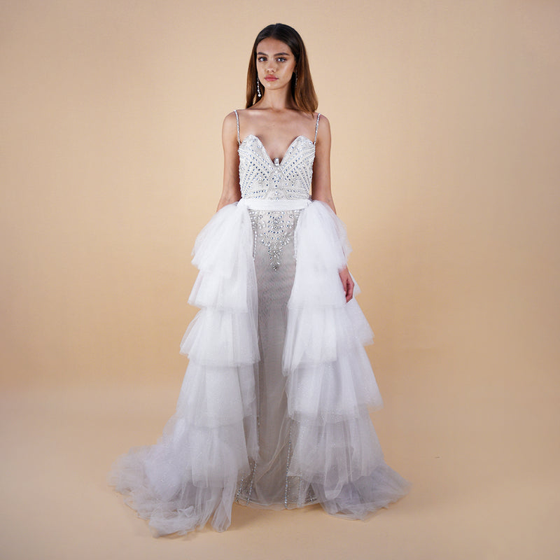 Faye Beaded Limited Off-White Collection with a tiered overskirt