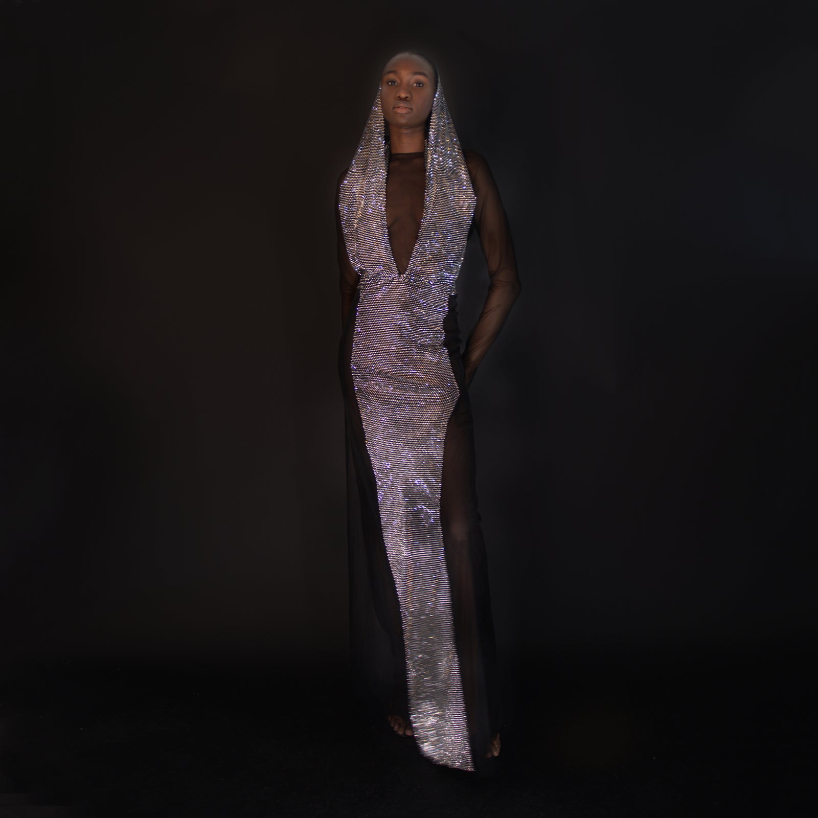 grace jones silver dress Jones Crystal Hooded Dress – NARCES