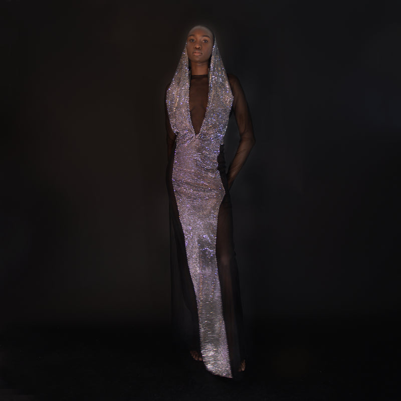 Hand finished crystal backless hooded sheer side panel gown