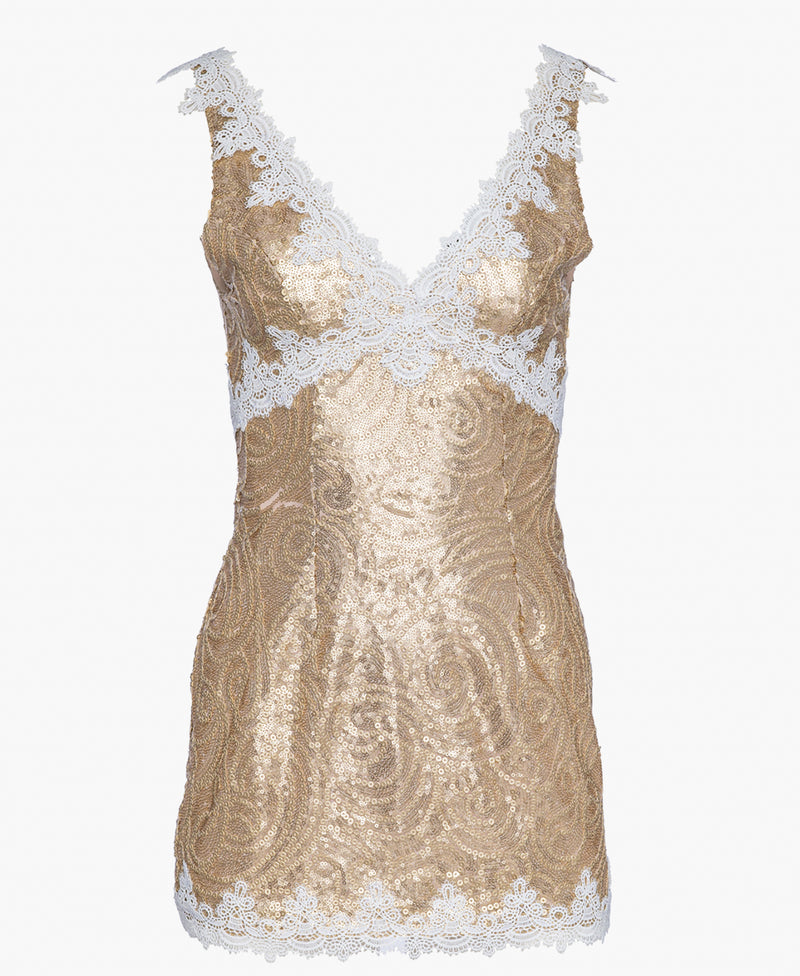 Lumi Matte Gold Lace Trim Dress Perfect for Parties & Wedding Events NARCES Lumi Matte Gold Lace Trim Dress Perfect for Parties & Wedding Events NARCES