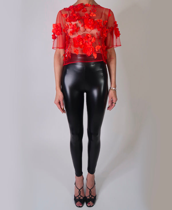Red 3D Floral Sheer Tulle Top