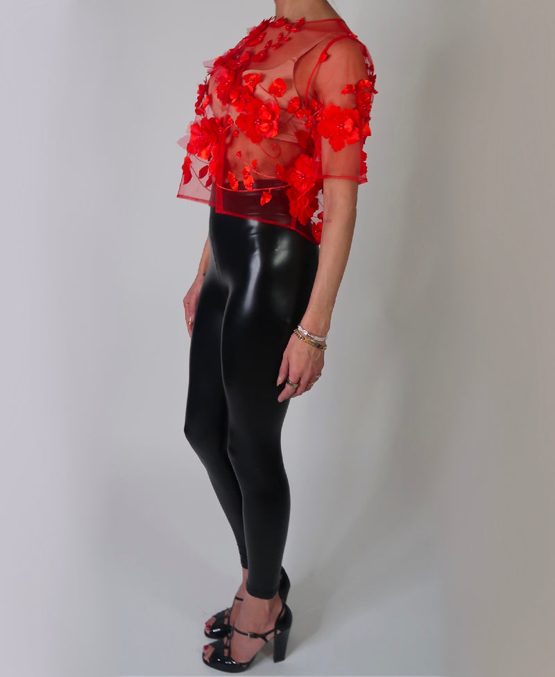 Red 3D Floral Sheer Tulle Top