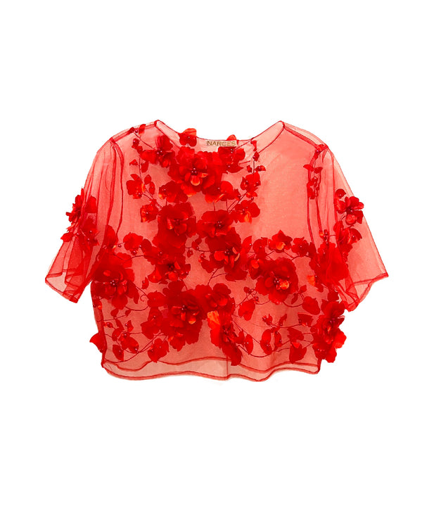 Red 3D Floral Sheer Tulle Top