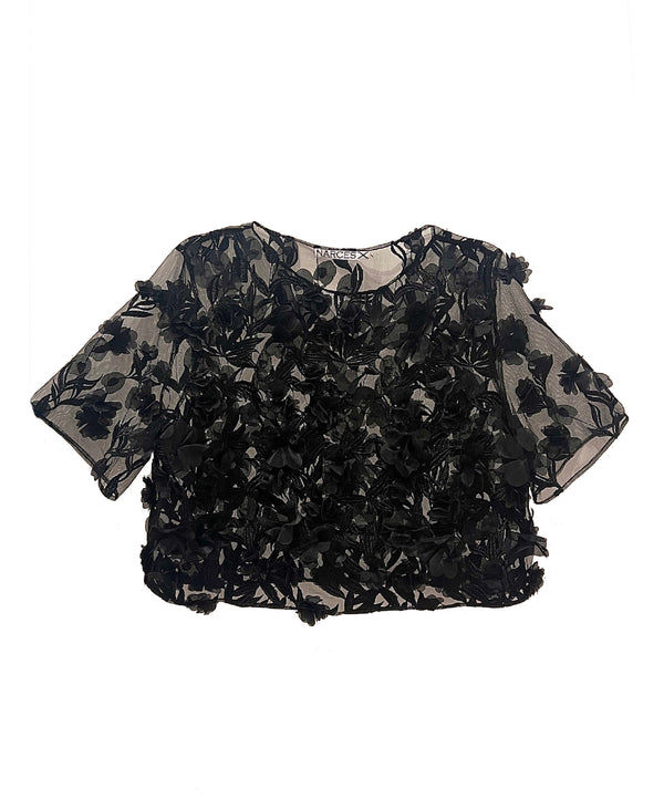 Black 3D Floral Sheer Tulle Top