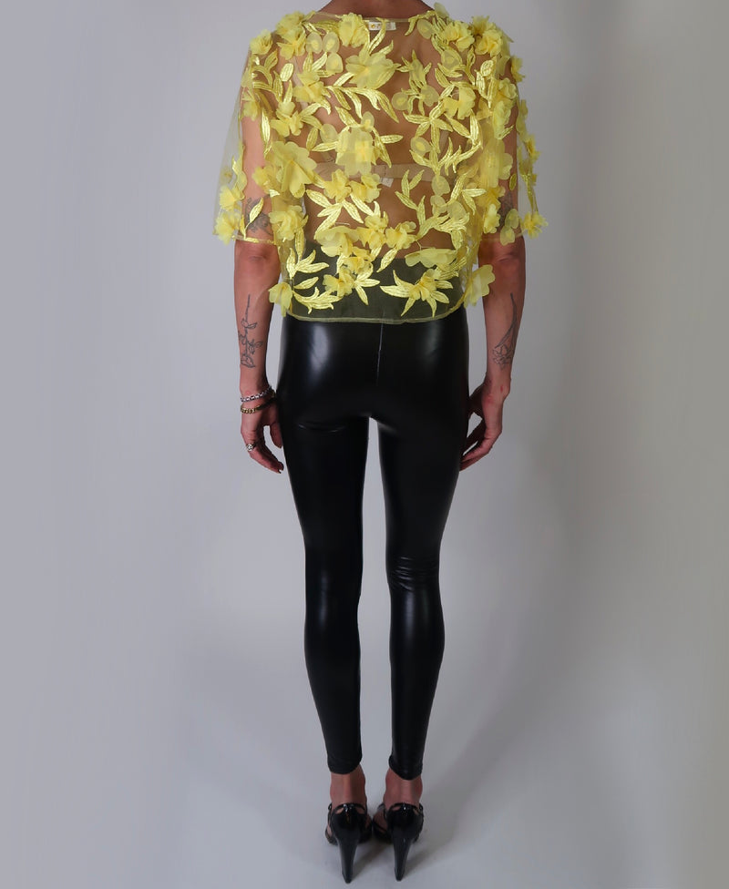 Yellow 3D Floral Sheer Tulle Top