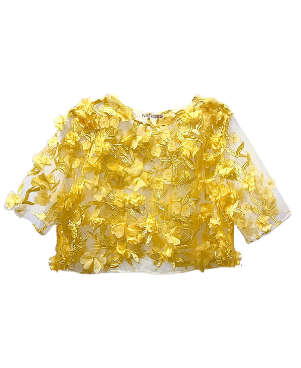 Yellow 3D Floral Sheer Tulle Top