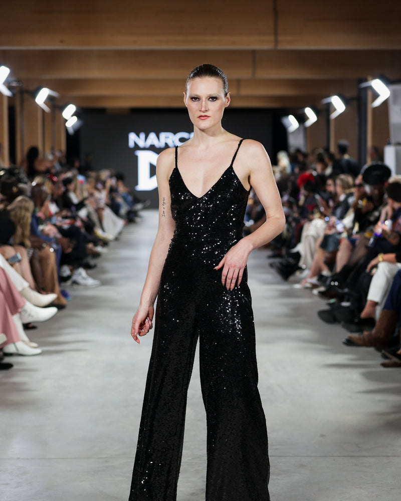 Charlotte Sequin Jumpsuit in black by NARCES