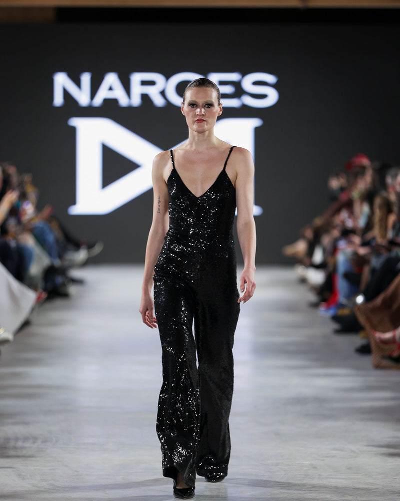 Charlotte Sequin Jumpsuit in black by NARCES