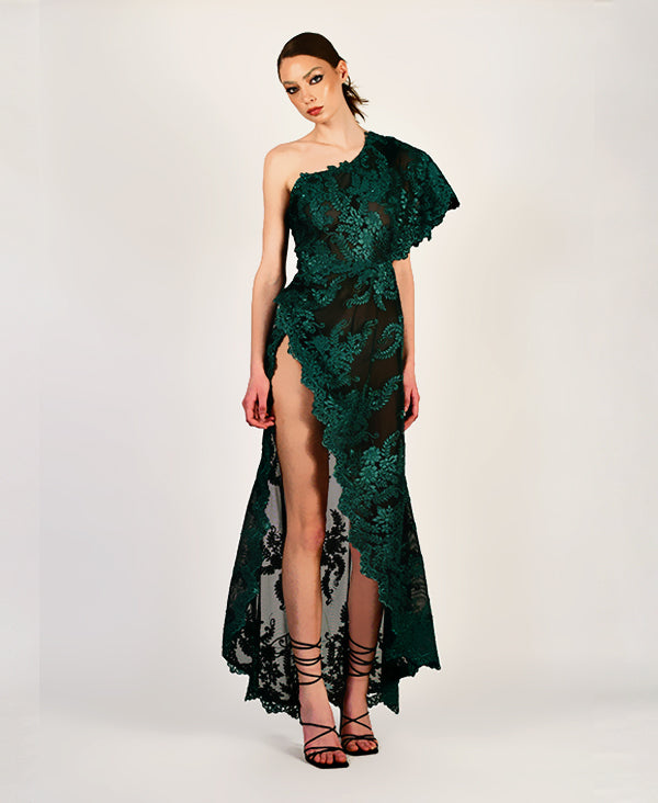 Forest asymetric lace gown