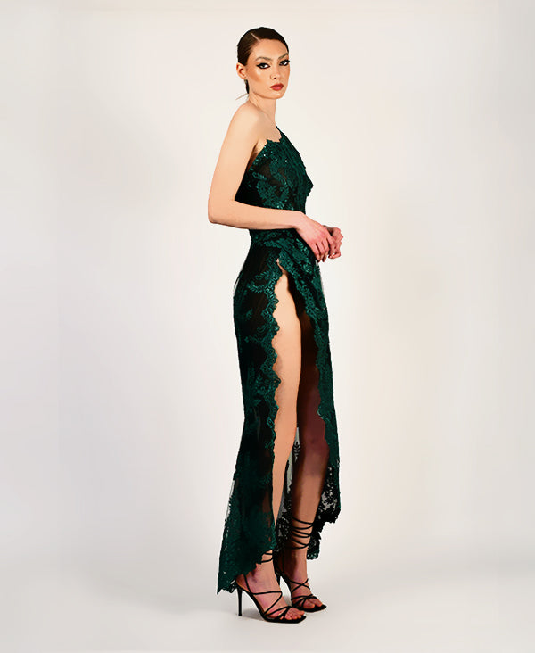 Forest asymetric lace gown