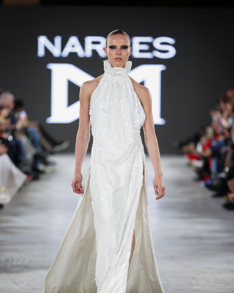 Cosmia Draped Sequin Gown in offwhite by NARCES