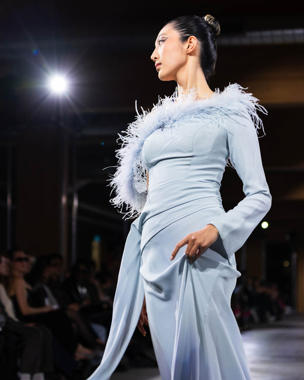 Cove Ostrich Feather Gown in blue by NARCES