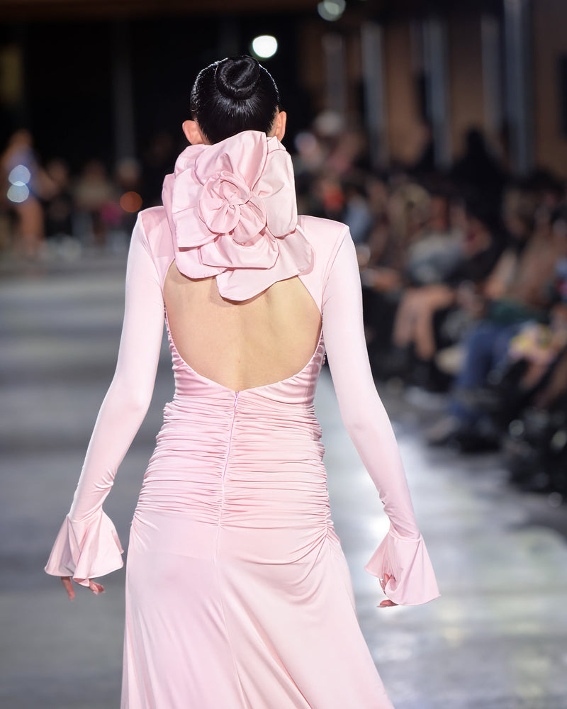 Fawn Ruched Backless Gown in pink by NARCES