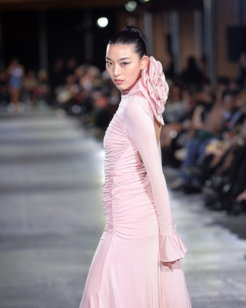 Fawn Ruched Backless Gown in pink by NARCES