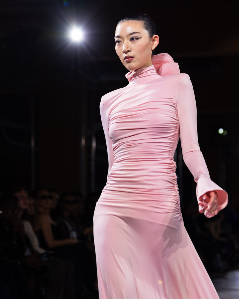 Fawn Ruched Backless Gown in pink by NARCES