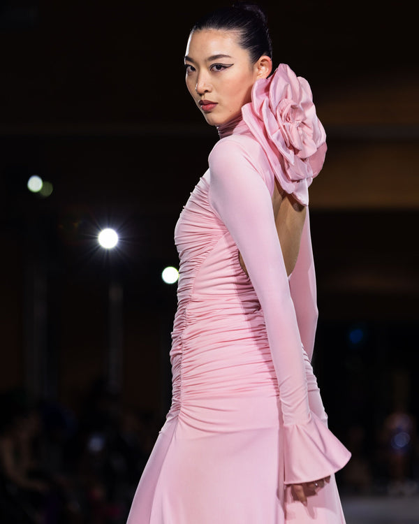 Fawn Ruched Backless Gown in pink by NARCES