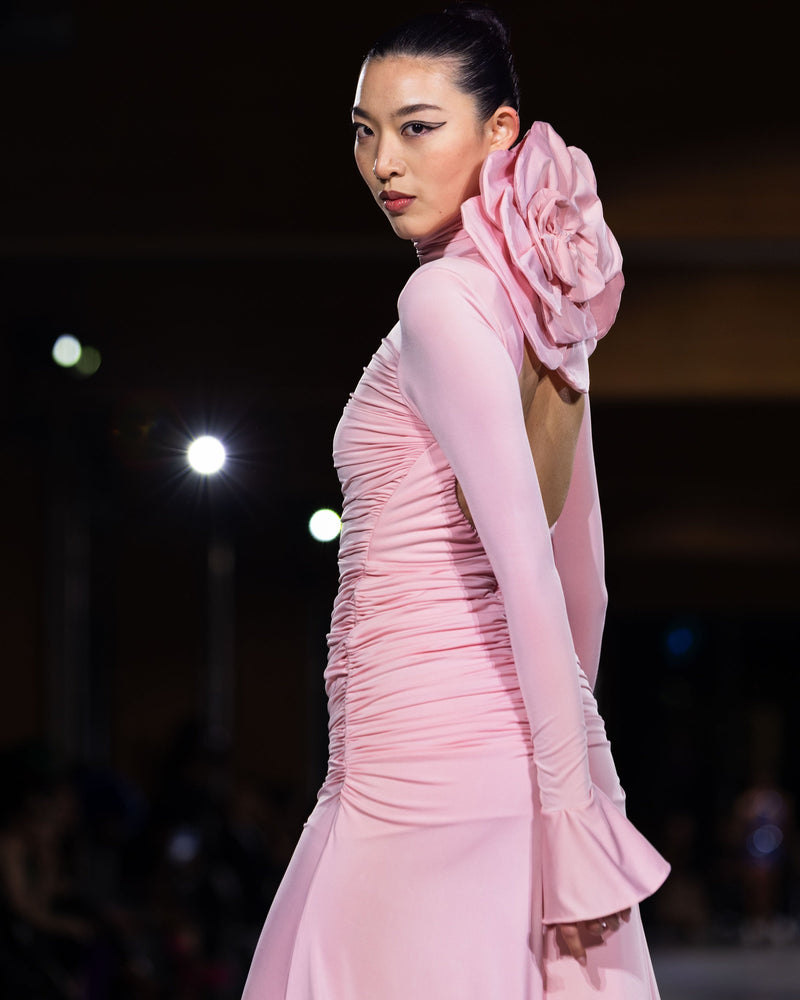 Fawn Ruched Backless Gown in pink by NARCES