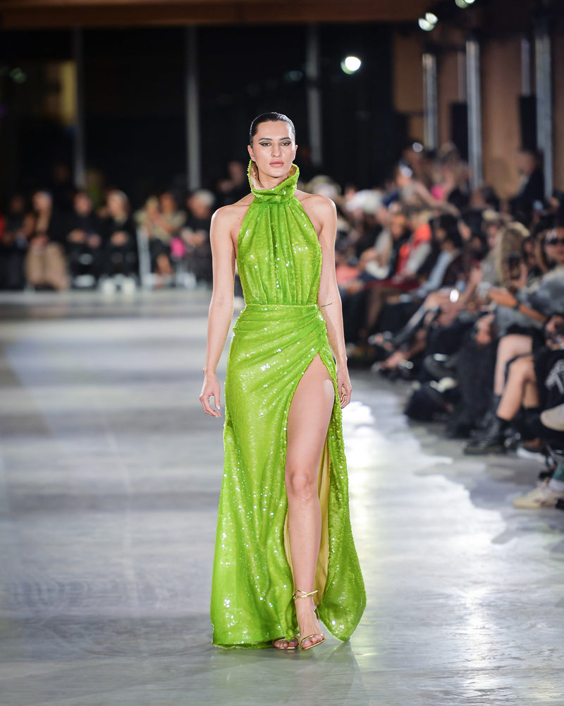 Kasmos Sequin Gown in green by NARCES