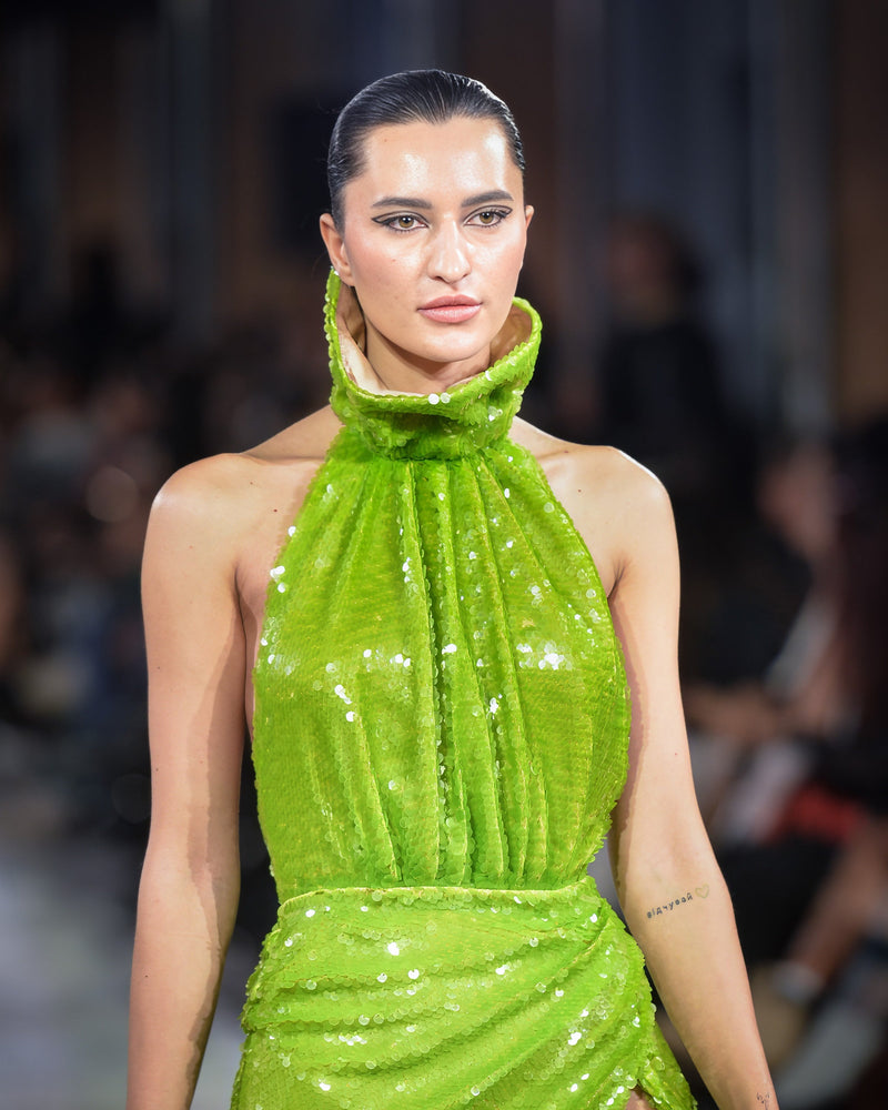 Kasmos Sequin Gown in green by NARCES