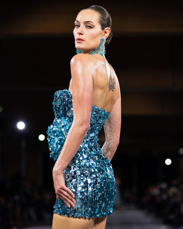 Lagoon Sequin Strapless Mini Dress in turquoise by NARCES