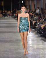 Lagoon Sequin Strapless Mini Dress in turquoise by NARCES