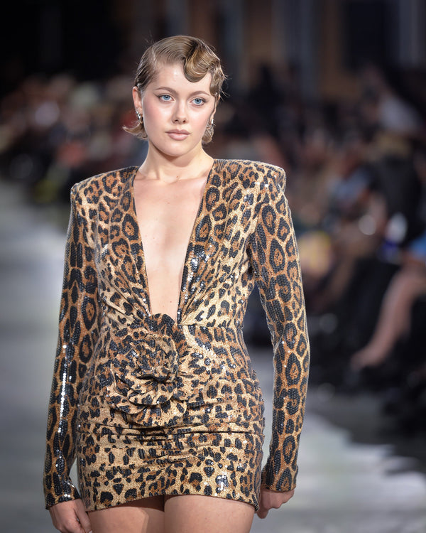 Leo Sequin Mini Dress in leopard by NARCES