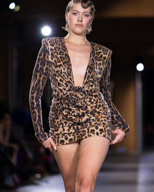 Leo Sequin Mini Dress in leopard by NARCES
