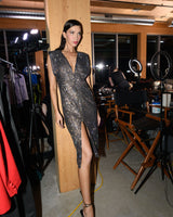 midnight crystal midi dress runway shot narces woman  backstage model