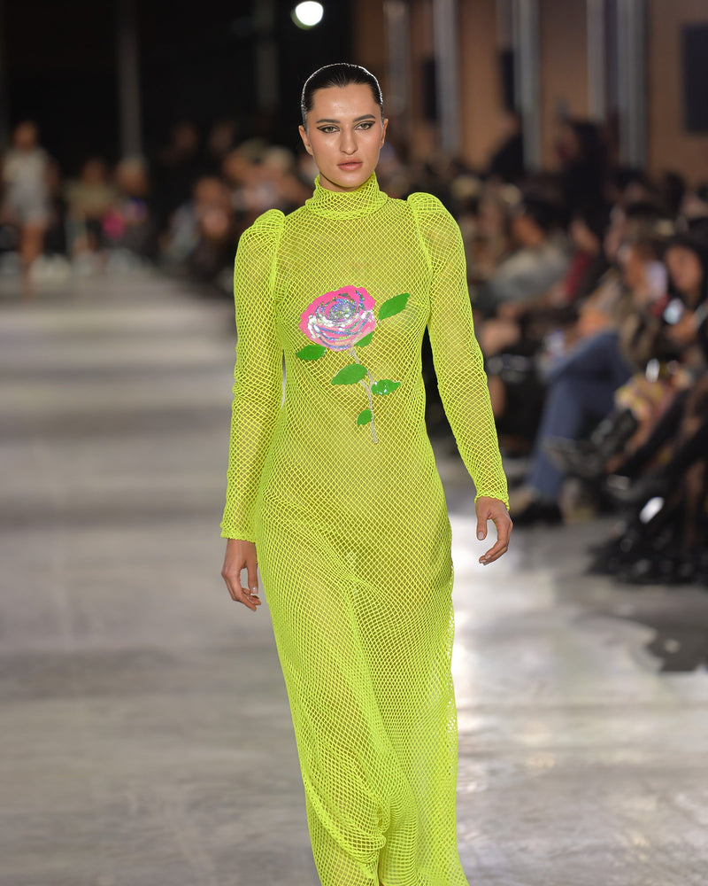 Mika Jumbo Mesh with Floral Appliqué in green by NARCES