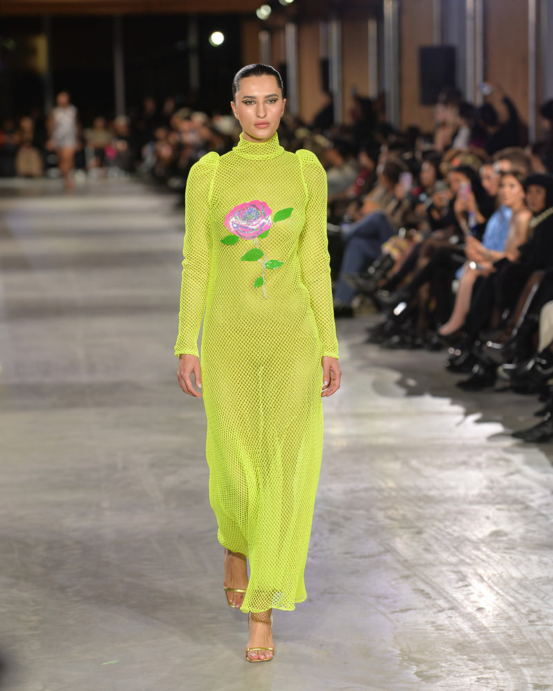 Mika Jumbo Mesh with Floral Appliqué in green by NARCES