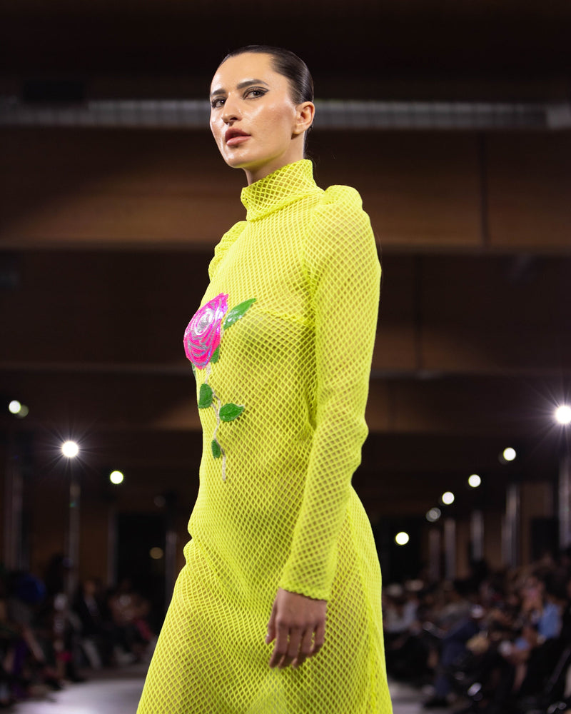 Mika Jumbo Mesh with Floral Appliqué in green by NARCES