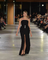 Urbino Corset Draped Crystal Gown in black by NARCES