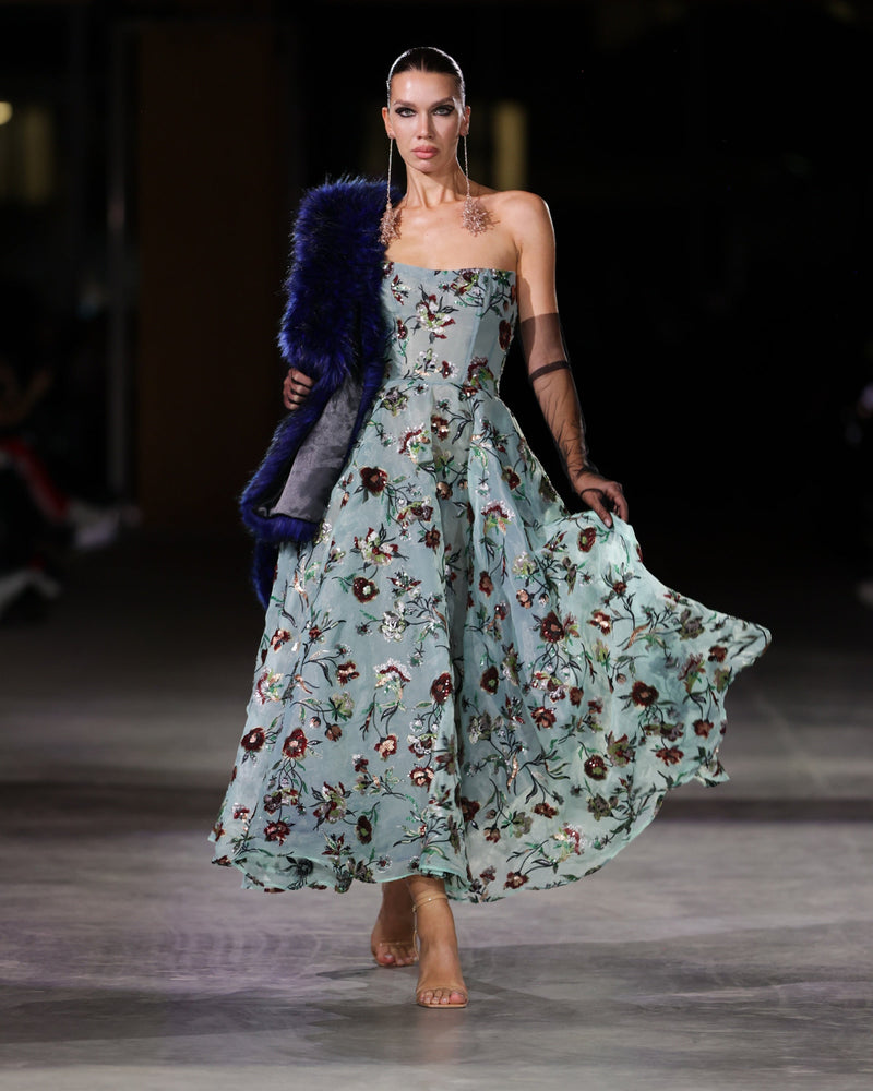 Varenna Sequin Embroidered Dress in turquoise by NARCES