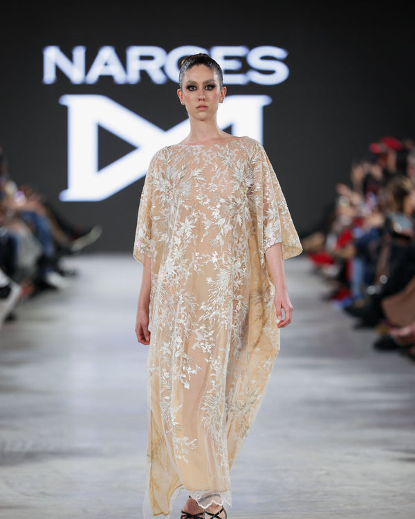 Voltera Sequin Embroidered Kaftan in nude by NARCES