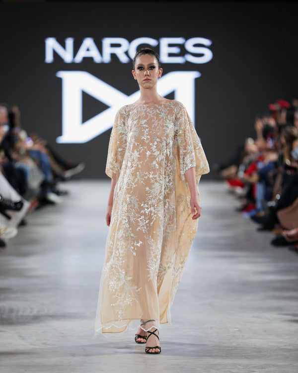 Voltera Sequin Embroidered Kaftan in nude by NARCES