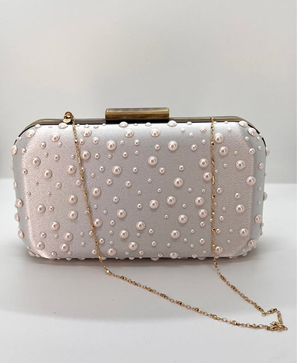Pearl Studded Offwhite Satin CLUTCH