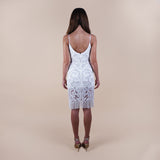 Elevate your fashion game with our Hand-Beaded Sheer Bead Fringe Hem Off-White Midi Dress. Perfect for cocktail parties, weddings, and white-themed events, this luxurious piece exudes sophistication. Intricate hand-beading and a captivating fringe hem ensure you make a statement at every occasion. Back view of the fringe dress. 