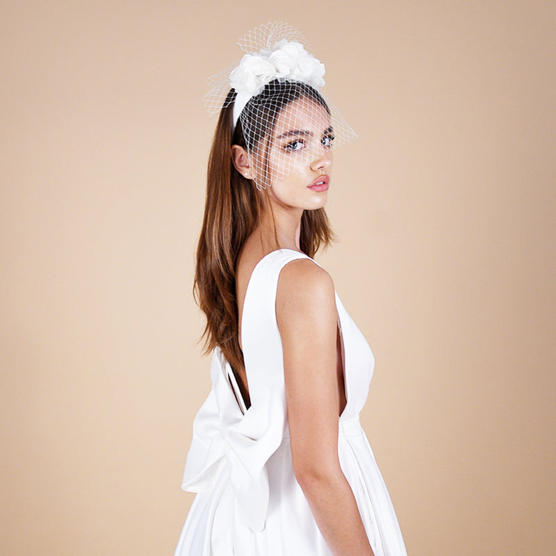 Handmade Birdcage Rosette Off-white Headband | Vintage Charm & Elegance narces design